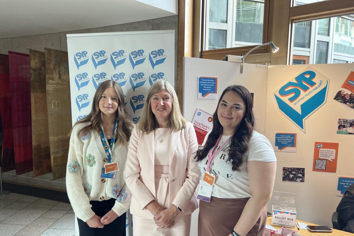 SYP Vice Chair Ellie Craig (left), Presiding Officer MSP Alison Johnstone and SYP Chair Mollie McGoran at the launch of the SYP national campaigns in Edinburgh <i>(Image: Scottish Youth Parliament)</i>