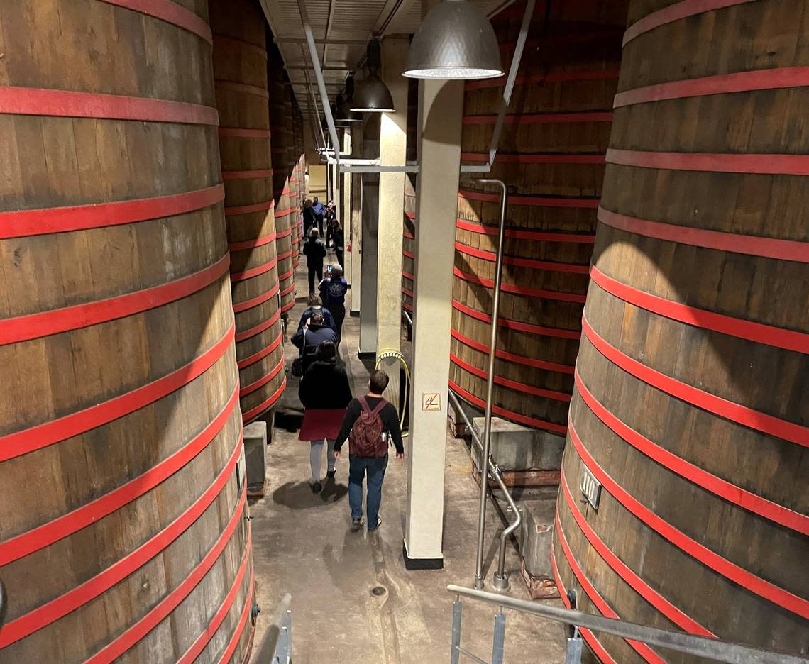 Guests touring the 294 giant Foeder barrels at Rodenbach Brewery in Belgium.