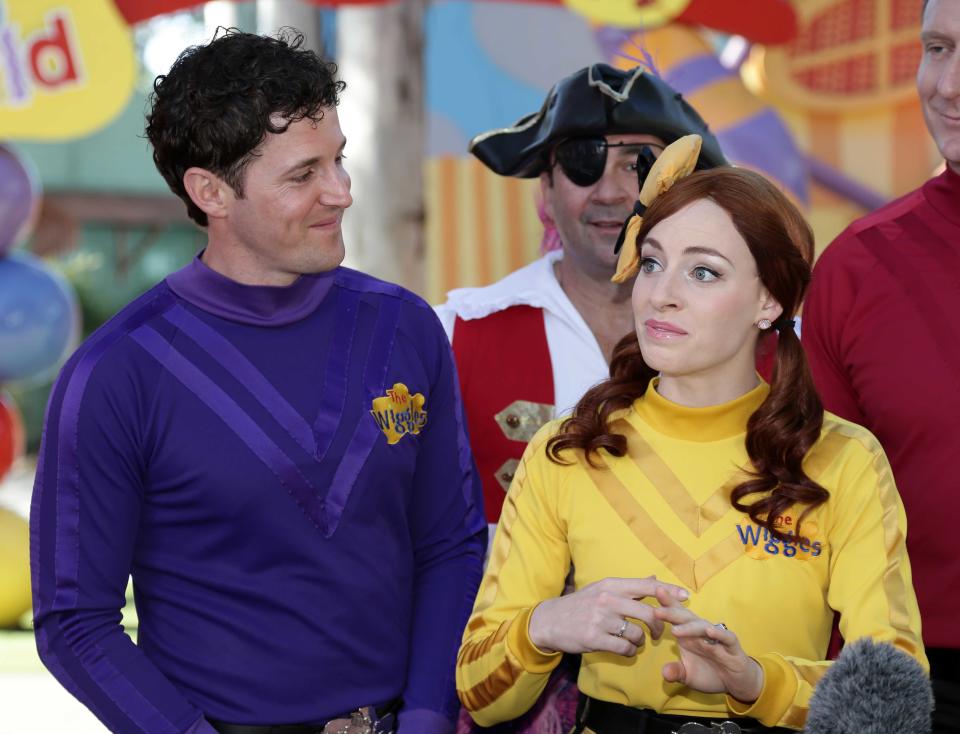 Wiggles group members Lachlan Gillespie and Emma Watkins have continued working together after announcing their split in August. Photo: Getty