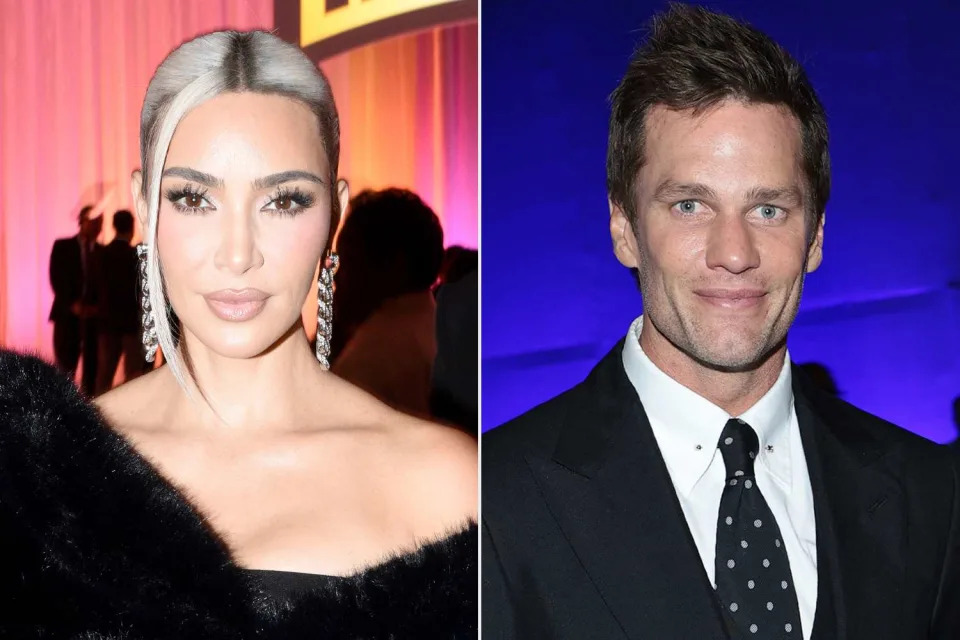 <p>Vivien Killilea/Getty; Dimitrios Kambouris/Getty</p> Kim Kardashian (left), Tom Brady.