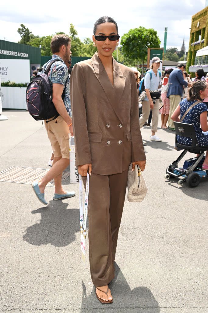 <p>Rochelle Humes arrived wearing classic tan tailoring. </p>