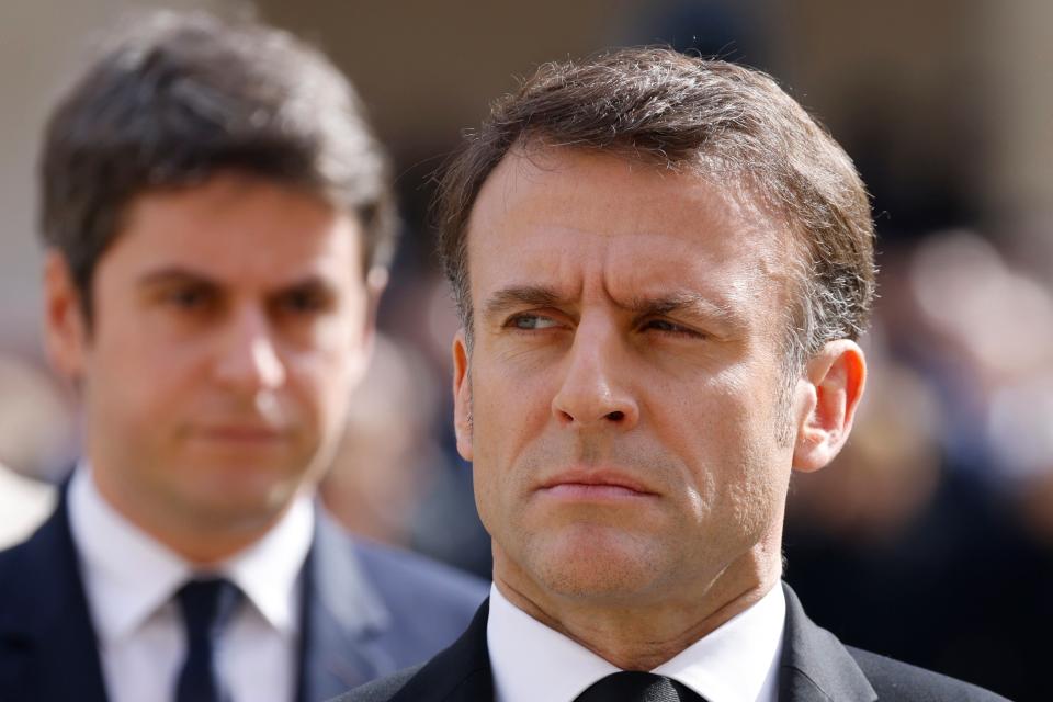 French Prime Minister Gabriel Attal, left, and French President Emmanuel Macron (AP)