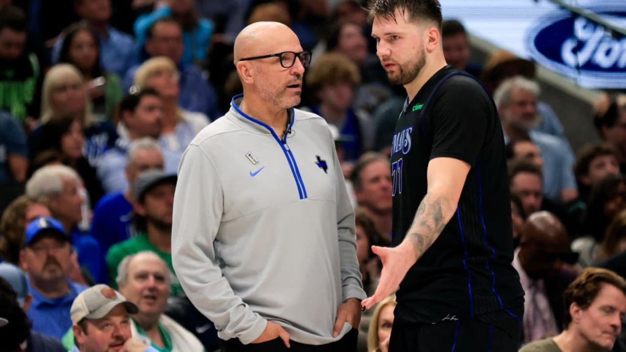 <div>DALLAS, TEXAS - MAY 03: Head coach Jason Kidd of the Dallas Mavericks talks with Luka Doncic #77 during the third quarter against the Los Angeles Clippers in Game Six of the Western Conference First Round Playoffs at American Airlines Center on May 03, 2024 in Dallas, Texas.(Photo by Ron Jenkins/Getty Images)</div>
