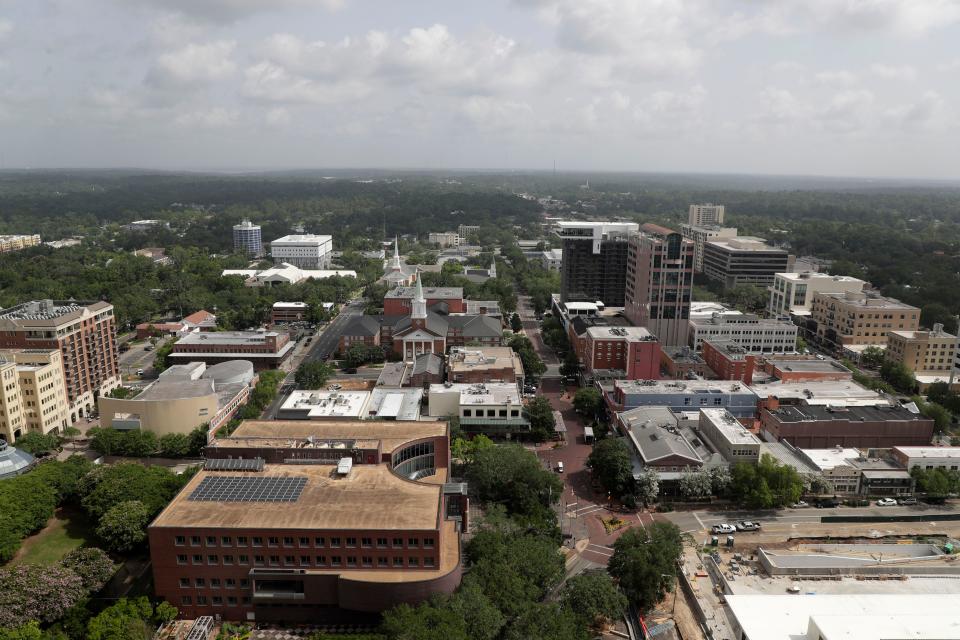 A view of downtown Tallahassee from the 22nd floor of the Capitol building. City Hall is seen on the lower left. 