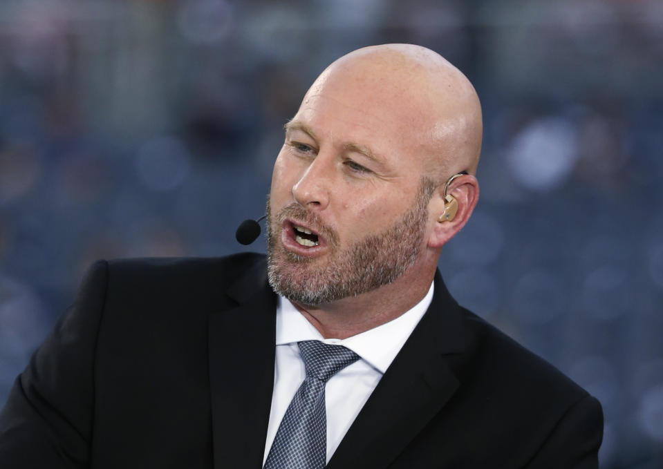 FILE - Trent Dilfer talks during ESPN's Monday Night Countdown before an NFL football game between the Chicago Bears and the Philadelphia Eagles, Sept. 19, 2016, in Chicago. First-year UAB coach Trent Dilfer says watching game film of No. 1 Georgia takes him back to his days as an NFL Super Bowl-winning quarterback. Dilfer realizes that’s not good news for his Blazers' chances against the two-time defending national champion Bulldogs on Saturday night.(AP Photo/Charles Rex Arbogast, File)