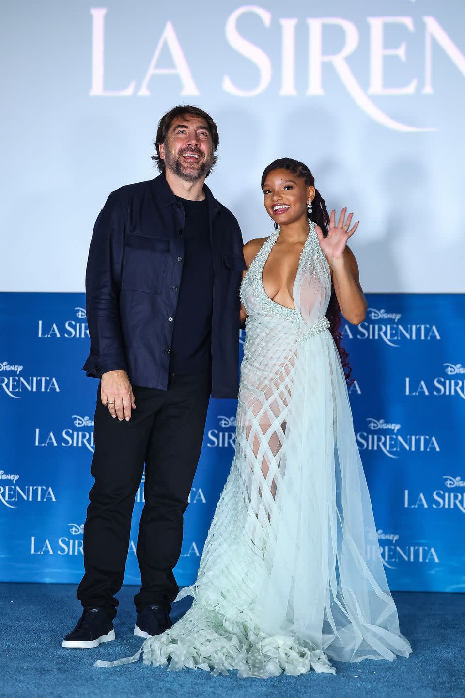 mexico city, mexico may 11 javier bardem and halle bailey pose during the fan event for the premiere of disneys the little mermaid at parque toreo on may 11, 2023 in mexico city, mexico photo by hector vivasgetty images for disney