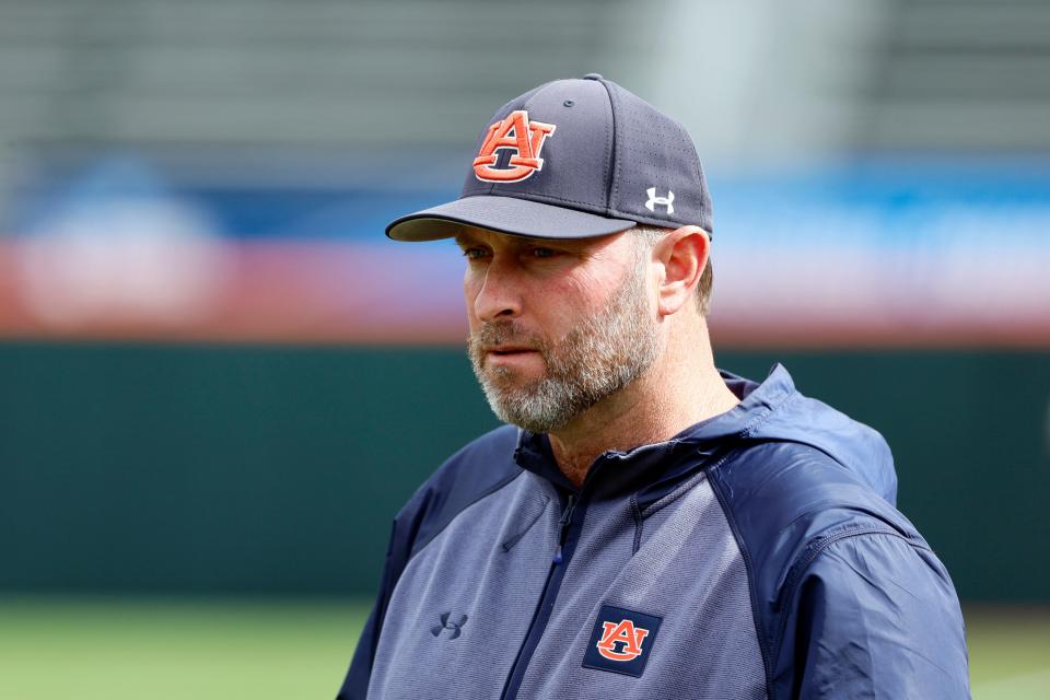 Jun 12, 2022; Corvallis, OR, USA; Auburn Tigers head coach Butch Thompson looks on before Game 2 of the NCAA college baseball super regional against the Oregon State Beavers at Coleman Field. Mandatory Credit: Soobum Im-USA TODAY Sports