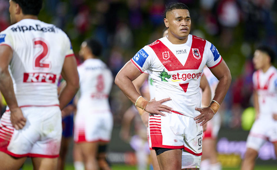 Moses Suli, pictured here after the Dragons' loss to Newcastle. 