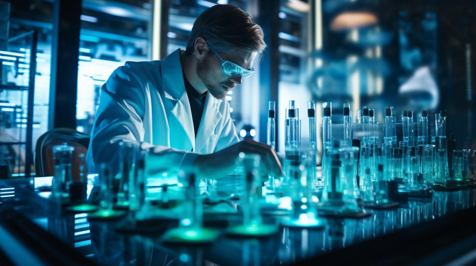 A scientist holding a test tube in the lab, surrounded by equipment used in synthetic biology and drug discovery.