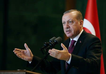 Turkey's President Tayyip Erdogan addresses district governors at the Presidential Palace in Ankara, Turkey, January 10, 2017. Yasin Bulbul/Presidential Palace/Handout via REUTERS