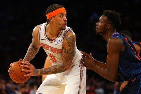 Dec 16, 2017; New York, NY, USA; New York Knicks small forward Michael Beasley (8) controls the ball against Oklahoma City Thunder small forward Jerami Grant (9) during the fourth quarter at Madison Square Garden. Mandatory Credit: Brad Penner-USA TODAY Sports