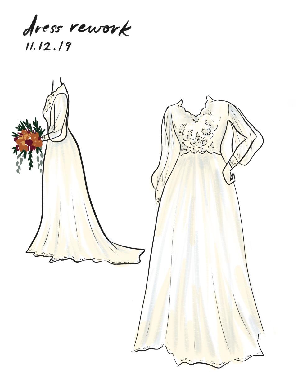 Vandergriff's wedding look ended up being an exact version of a sketch she did in 2019.