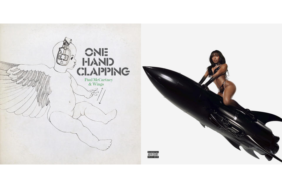This combination of album cover images shows "One Hand Clapping" by Paul McCartney & Wings, left, and "Dopamine" by Normani. (MPL/Capitol/UMe via AP, left, and RCA via AP)