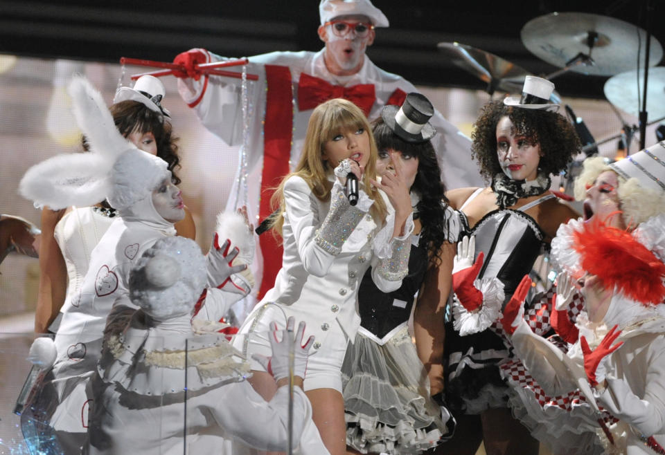 Taylor Swift performs on stage at the 55th annual Grammy Awards on Sunday, Feb. 10, 2013, in Los Angeles. (Photo by John Shearer/Invision/AP)