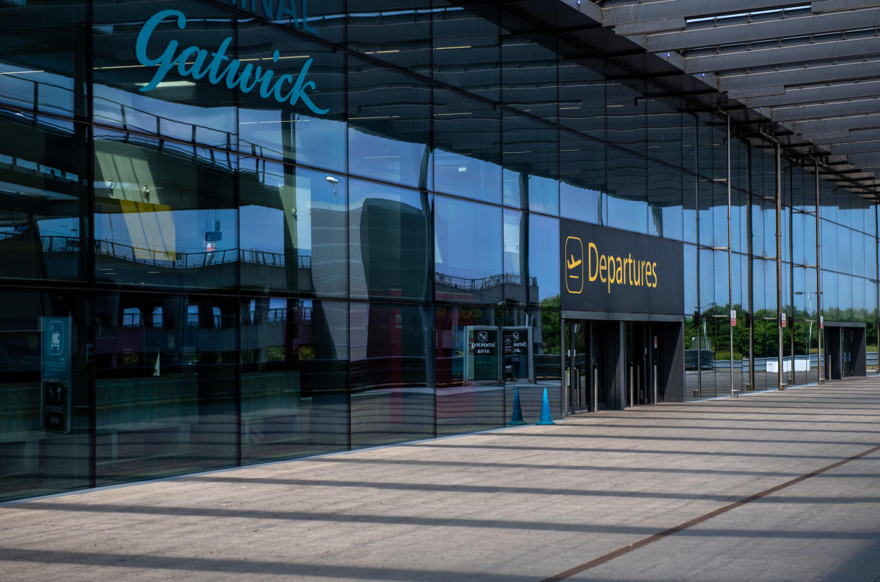 LONDON, ENGLAND - JUNE 09: The main departures entrance at the currently closed North Terminal at Gatwick Airport on June 9, 2020 in London, England. Gatwick Airport has introduced a range of protective measures to battle the spread of COVID-19 as the airport prepares to increase operating hours from June 15, 2020, and to resume operations at the North Terminal with a range of airlines. The airport’s North Terminal closed in March due to the impact that coronavirus outbreak had on the number of flights able to operate. (Photo by Chris J Ratcliffe/Getty Images)