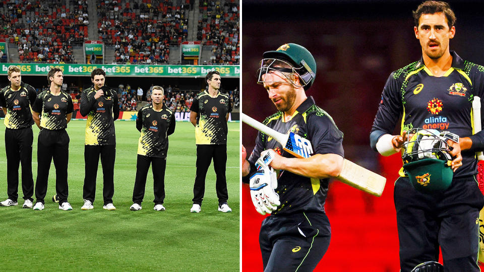 Australia's cricket players, pictured here in front of a paltry crowd at Metricon Stadium on the Gold Coast.