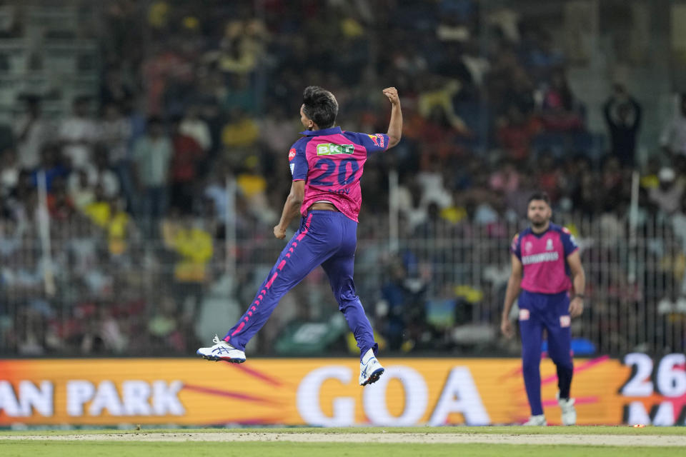 Rajasthan Royals' Sandeep Sharma celebrates the wicket of Sunrisers Hyderabad's Heinrich Klaasen during the Indian Premier League second qualifier cricket match between Rajasthan Royals and Sunrisers Hyderabad in Chennai, India, Friday, May 24, 2024. (AP Photo /Mahesh Kumar A.)