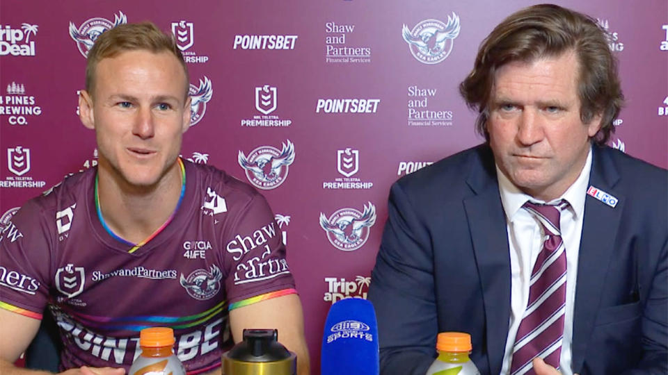 Pictured left, Manly captain Daly Cherry-Evans speaking at a post-match press conference.