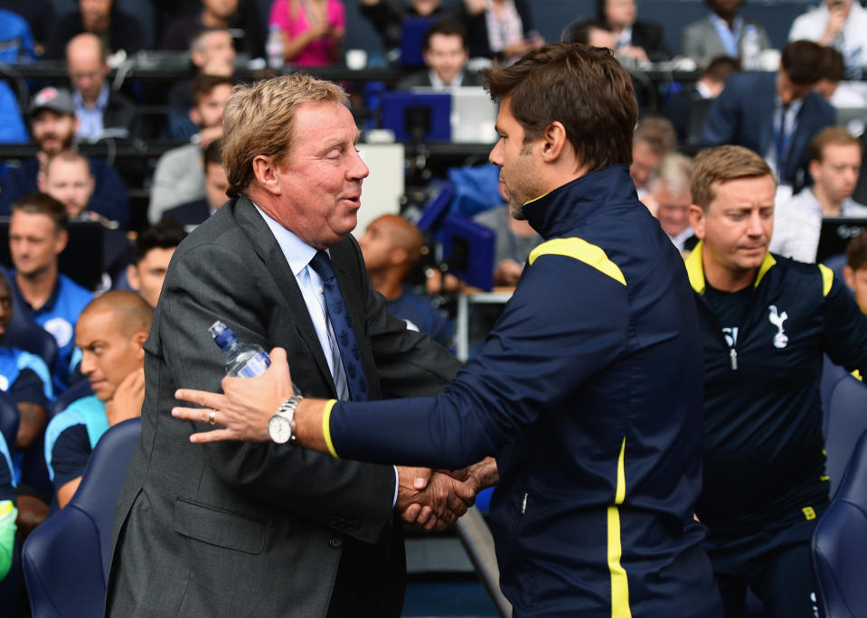 Harry Redknapp and Mauricio Pochettino during the Barclays Premier League match between Tottenham Hotspur and Queens Park Rangers at White Hart Lane on August 24, 2014 in London, England.