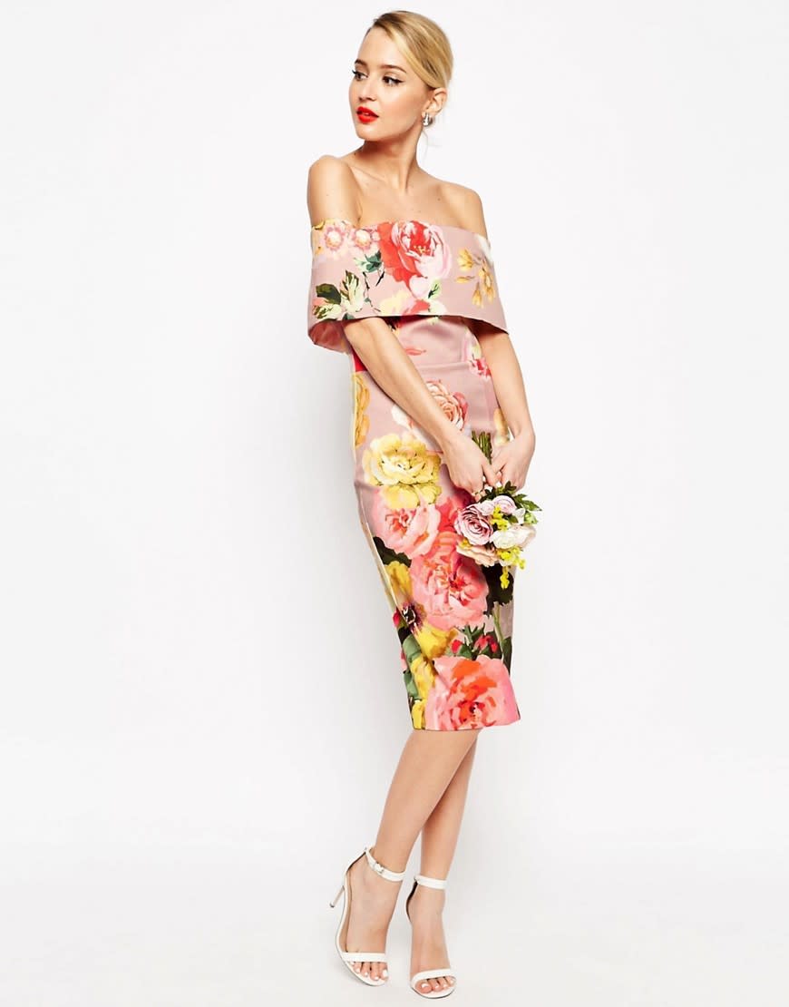 Printed Bardot Off The Shoulder Hitchcock Midi Pencil Dress, 