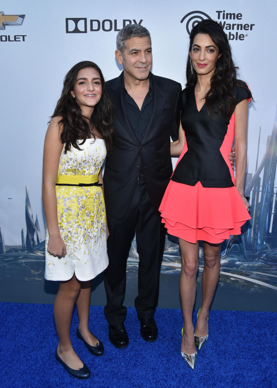 Amal Clooney in Alexander McQueen with husband, George Clooney, and niece Mia Alamuddin.