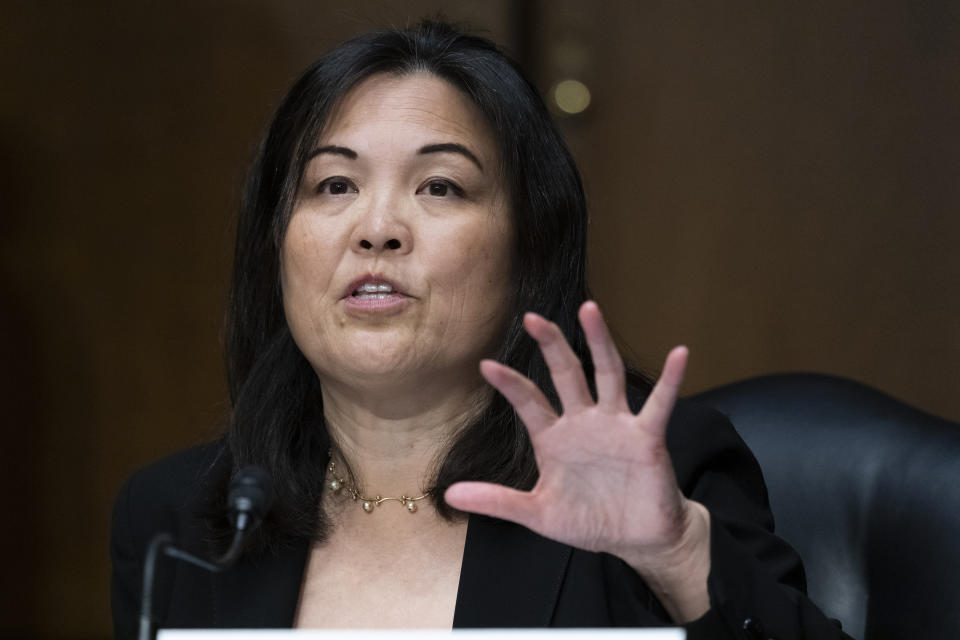 FILE - Julie Su, of Calif., speaks during a hearing of the Senate Health, Education, Labor and Pensions Committee for her to be Deputy Secretary of Labor, on Capitol Hill, March 16, 2021, in Washington. President Joe Biden is nominating Julie Su, the current deputy and former California official, as his next Labor Secretary, replacing the departing incumbent, former Boston mayor Marty Walsh. (AP Photo/Alex Brandon, File)