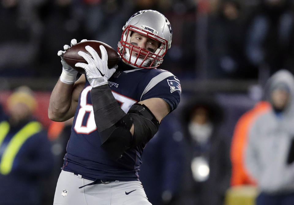 New England Patriots tight end Rob Gronkowski still hasn't returned to practice. (AP)