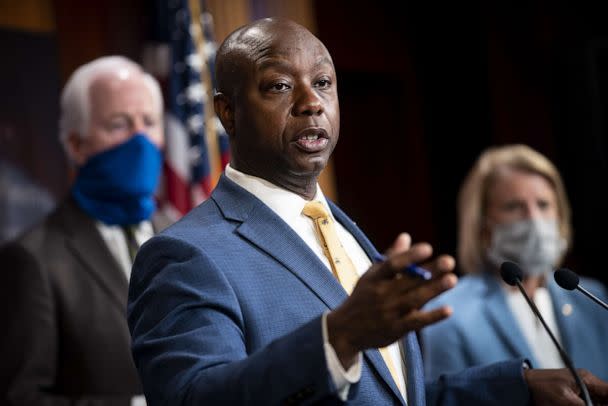 PHOTO: Senator Tim Scott speaks during a news conference on police reform at the U.S. Capitol in Washington, June 17, 2020. (Al Drago/Bloomberg via Getty Images)