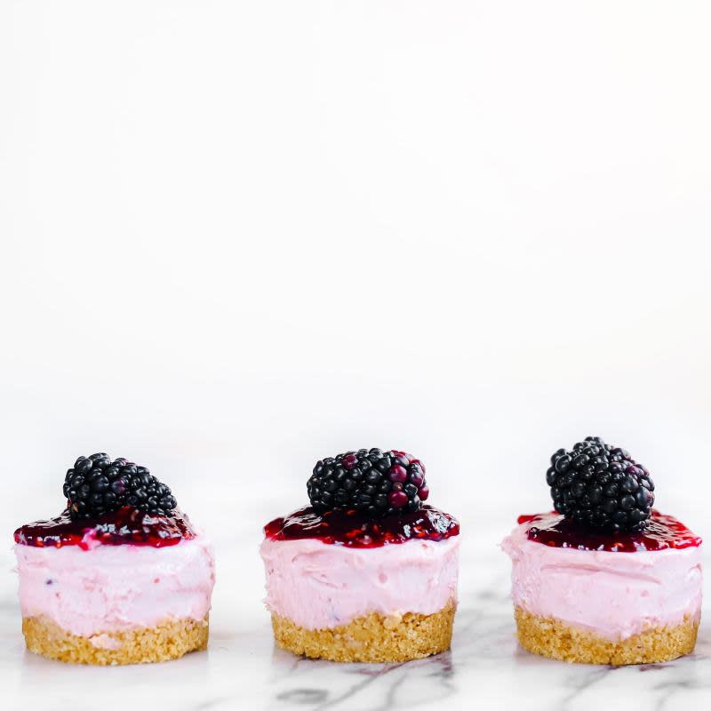 <p>Handle the Heat</p><p>These adorable no-bake mini blackberry cheesecakes are ultra-fresh, vibrant and simple to make with no oven (or even stove) required! Perfect for spring or summer.</p><p><strong>Get the recipe: <a href="https://handletheheat.com/no-bake-mini-blackberry-cheesecakes/" rel="nofollow noopener" target="_blank" data-ylk="slk:No-Bake Mini Blackberry Cheesecakes;elm:context_link;itc:0;sec:content-canvas" class="link ">No-Bake Mini Blackberry Cheesecakes</a></strong></p>