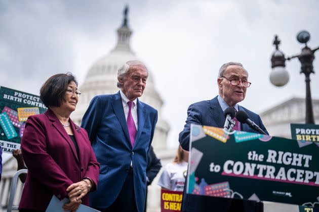Senate Majority Leader Chuck Schumer (D-N.Y.) joins Democratic Sens. Mazie Hirono (Hawaii) and Ed Markey (Mass.) at a Wednesday news conference on the Right to Contraception Act.