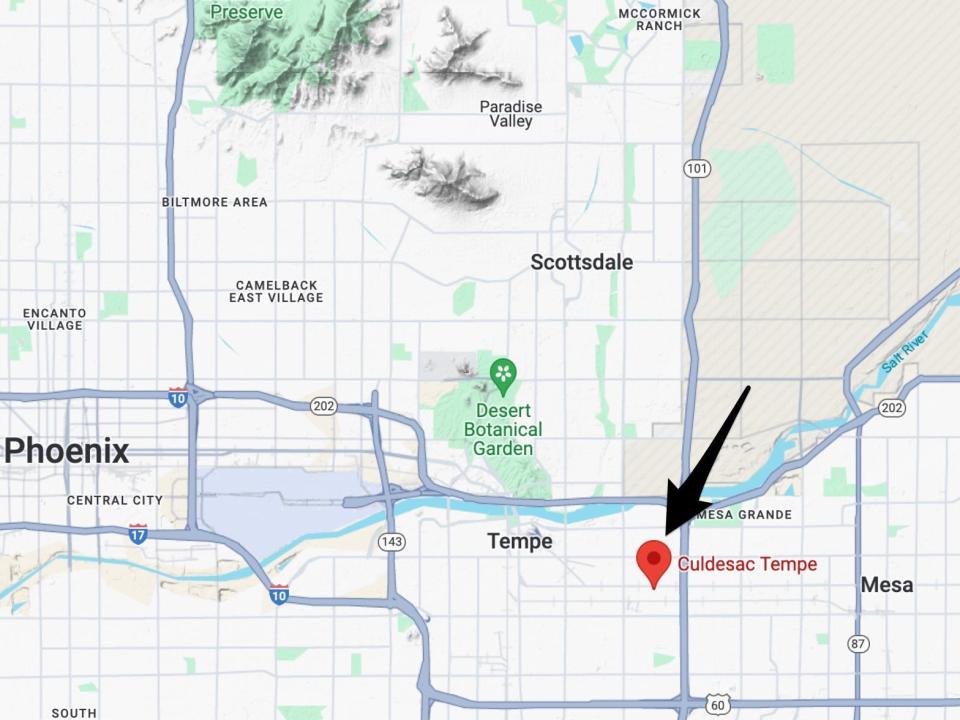 A map of Arizona with arrow pointing to Culdesac Tempe