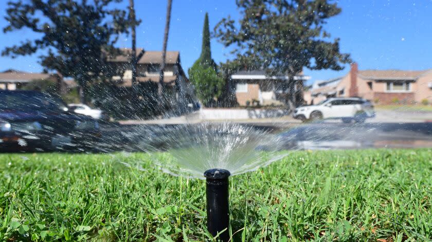 A sprinkler waters grass in Alhambra on Sept. 23.