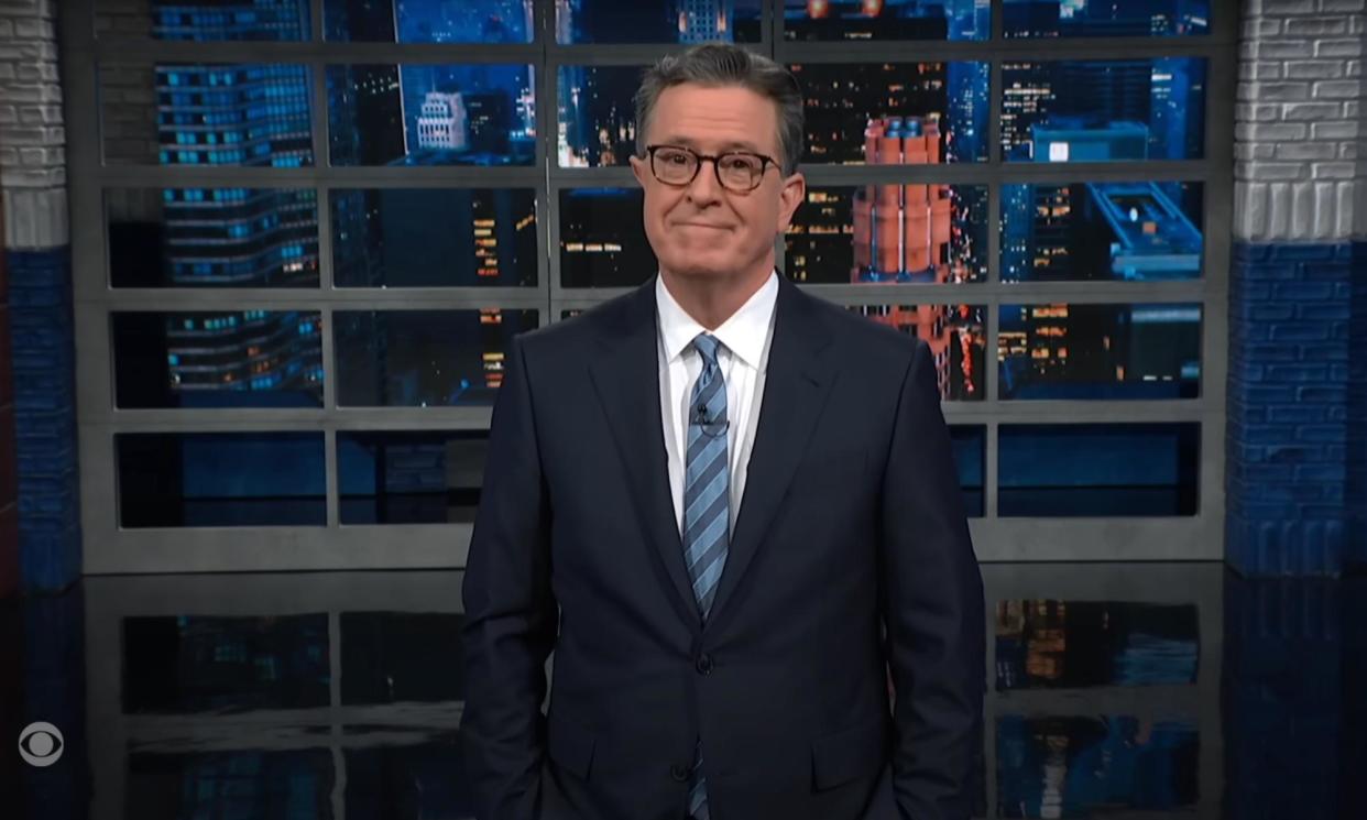 <span>Stephen Colbert: ‘Now, I’m not a lawyer, but I wear a suit professionally. So I feel qualified to say that that is dumb.’</span><span>Photograph: YouTube</span>