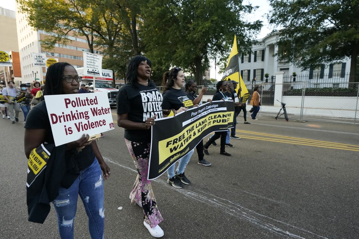 Jackson residents and supporters march with members of the Poor People’s Campaign of Mississippi to the Governor’s Mansion in Jackson, Miss., to protest water system problems, poverty and other issues, Oct. 10, 2022. (AP Photo/Rogelio V. Solis, file)