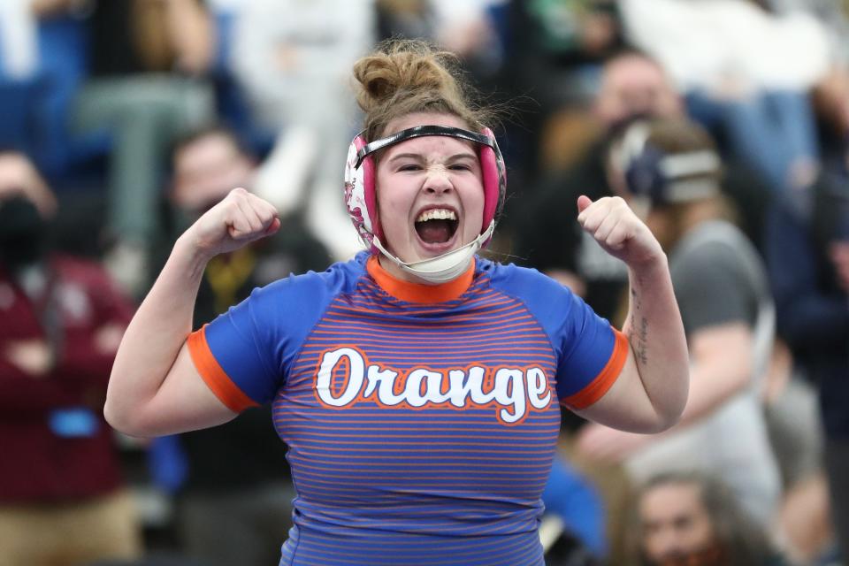 8. Olentangy Orange's Taryn Martin celebrates after winning the girls wrestling state championship at 170 pounds Feb. 21 at Hilliard Davidson. In her final two prep seasons, she went 42-0 with two state titles.