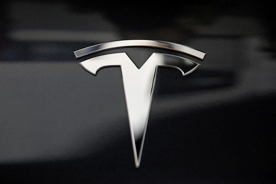 A Tesla logo is seen in Los Angeles, California 