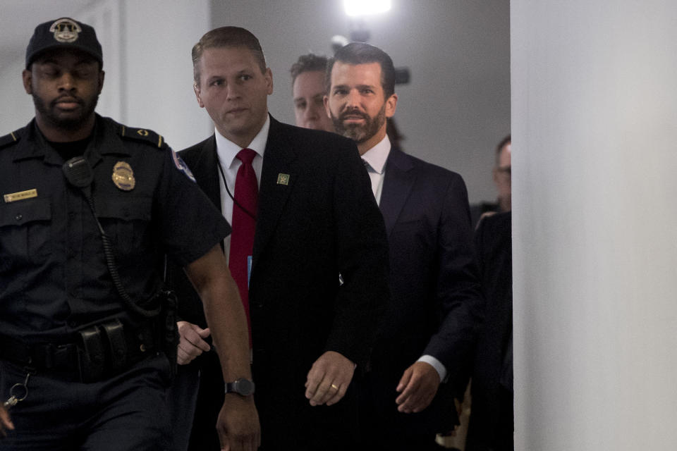 Donald Trump Jr., the son of President Donald Trump, arrives to meet privately with members of the Senate Intelligence Committee on Capitol Hill in Washington, Wednesday, June 12, 2019. (AP Photo/Andrew Harnik)