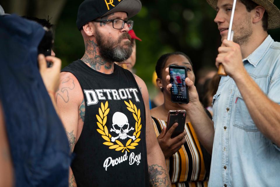 Protesters and counterprotesters, including dozens calling themselves Proud Boys, gather in front of the White House on July 4, 2019, before President Donald Trump's speech from the steps of the Lincoln Memorial.