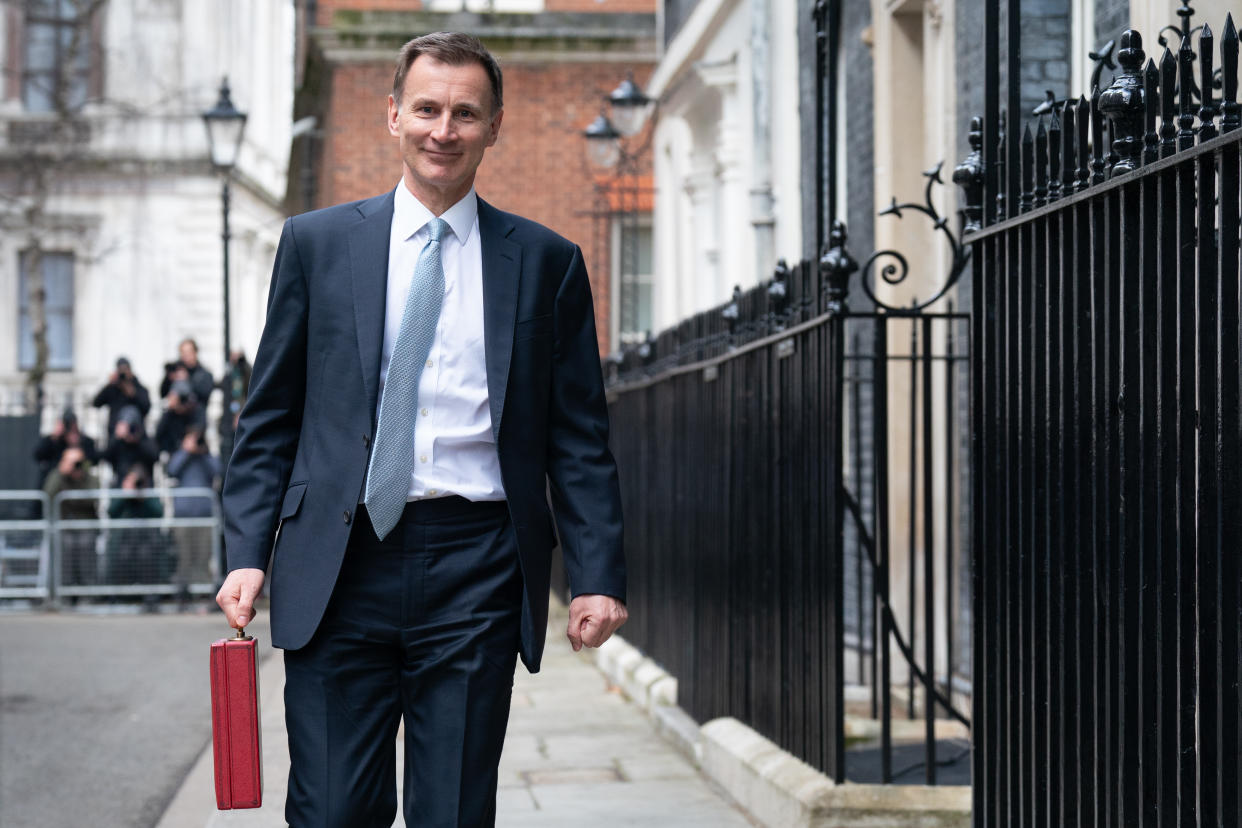 Chancellor of the Exchequer Jeremy Hunt leaves 11 Downing Street, London, with his ministerial box before delivering his Budget in the Houses of Parliament. Picture date: Wednesday March 6, 2024. (Photo by Stefan Rousseau/PA Images via Getty Images)