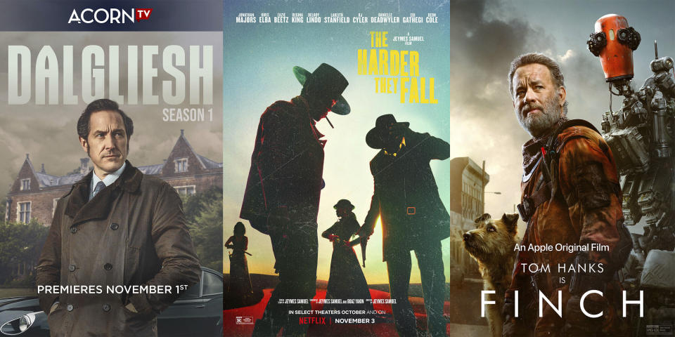 En esta combinación de fotos, el arte promocional de la miniserie "Dalgliesh", que se estrena el 1 de noviembre en Acorn TV; la película "The Harder They Fall", que llega el 3 de noviembre a Netflix, y la película "Finch", que debuta el 5 de noviembre en Apple TV+. (Acorn TV/Netflix/Apple vía AP)