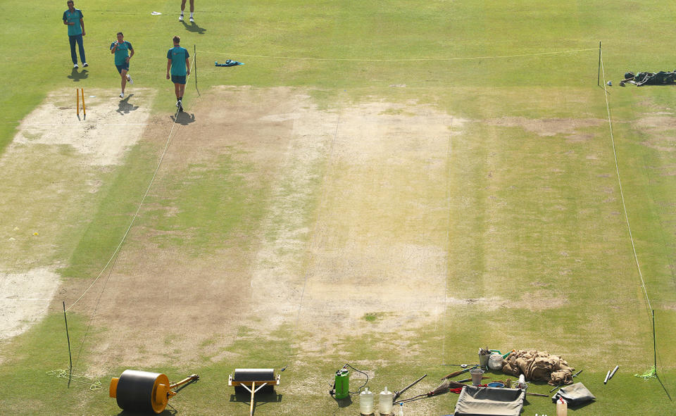 The Aussies, pictured here training at Arun Jaitley Stadium in Delhi ahead of the second Test against India.