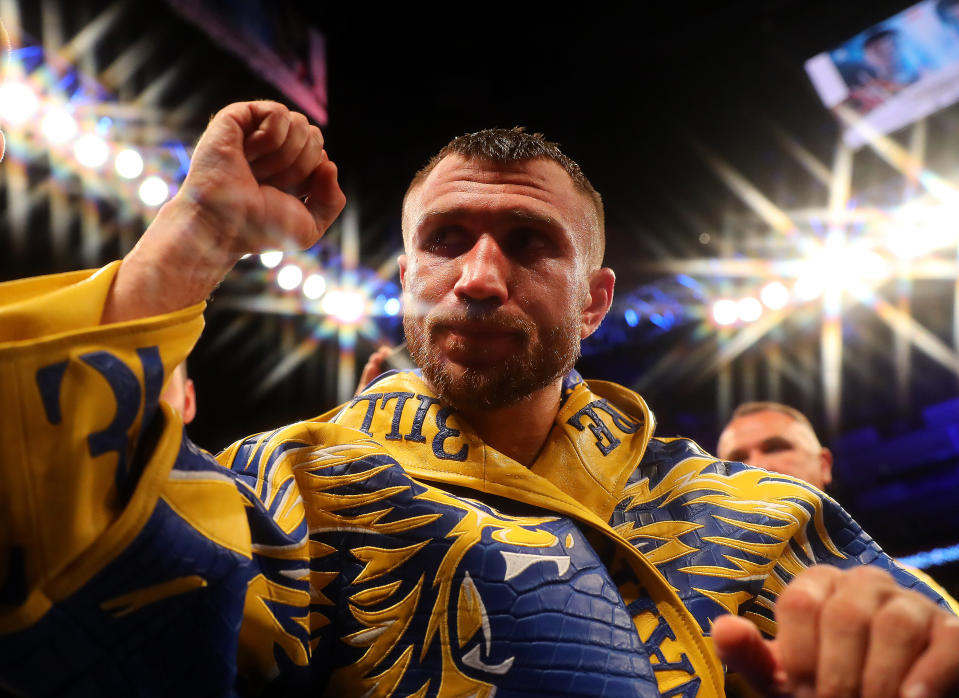 LONDON, ENGLAND - AUGUST 31:  Vasily Lomachenko exits the arena after winning the WBA, WBO, WBC Lightweight World Title contest between Vasily Lomachenko and Luke Campbell at The O2 Arena on August 31, 2019 in London, England. (Photo by Richard Heathcote/Getty Images)