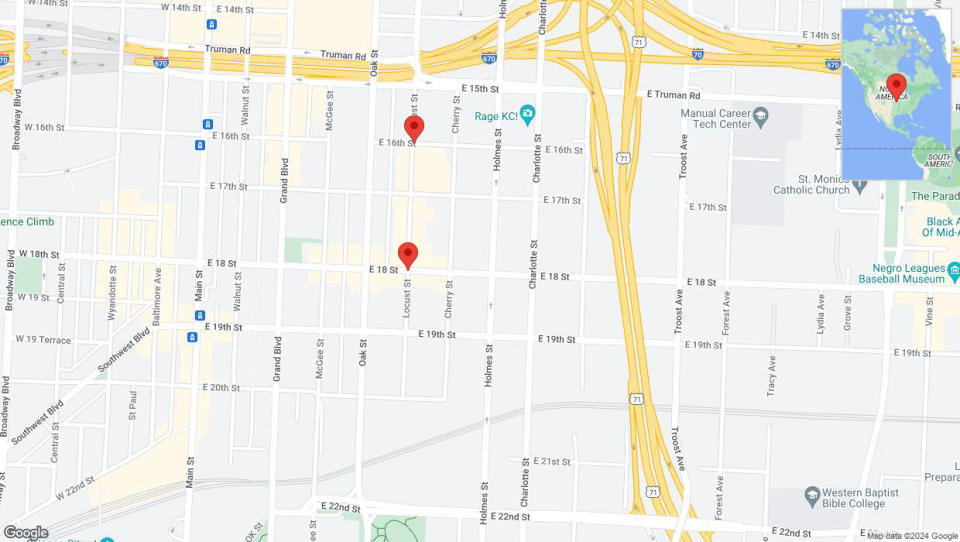 A detailed map that shows the affected road due to 'Heavy rain prompts traffic advisory on East 18th Street in Kansas City' on June 7th at 8:35 p.m.