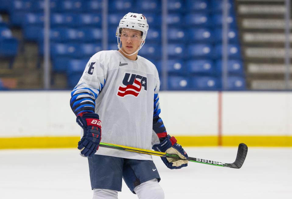 Matt Boldy, of Millis, shown at Team USA training camp prior to the 2021 World Juniors Championship that was held in Edmonton, Alberta, Canada. Boldy scored five goals for the Americans during the tournament.