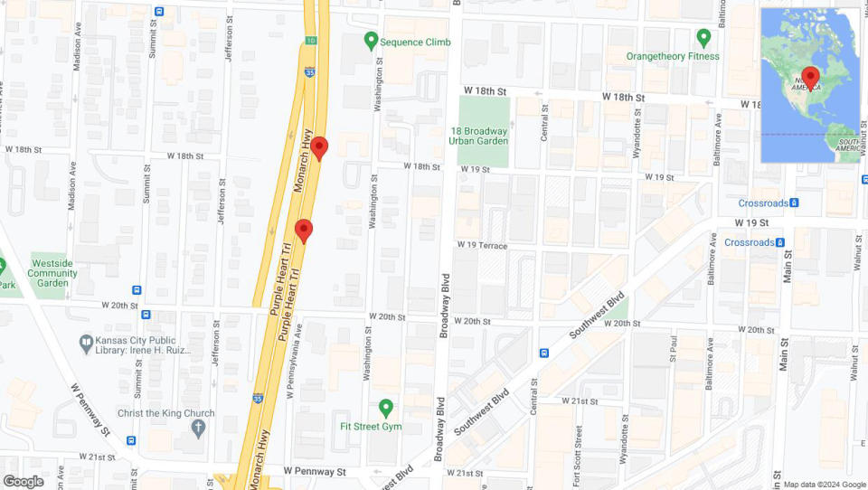 A detailed map that shows the affected road due to 'Broken down vehicle on northbound I-35 in Kansas City' on July 18th at 2:55 p.m.