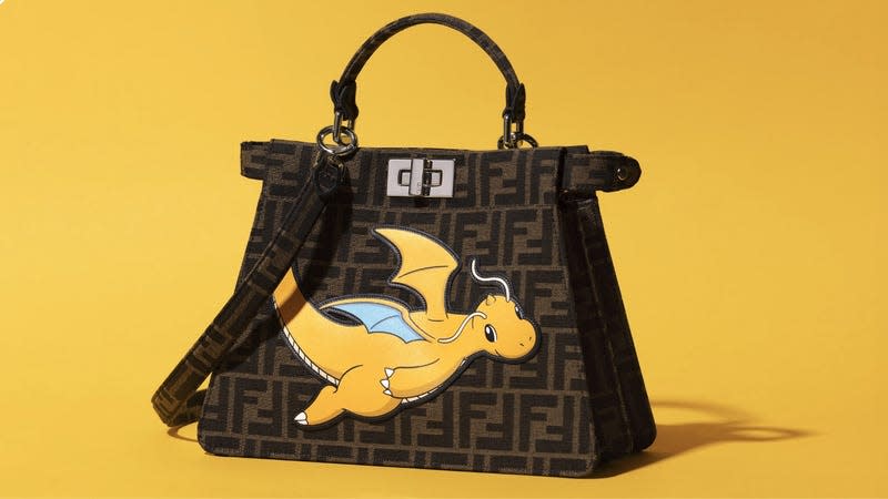 Fendi x The Pokémon Company's brown fabric handbag features the Gen I Dragon-type monster Dragonite on the front.