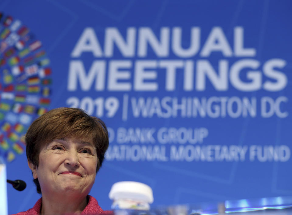 International Monetary Fund (IMF) Managing Director Kristalina Georgieva speaks during a news conference during the World Bank/IMF Annual Meetings in Washington, Thursday, Oct. 17, 2019. (AP Photo/Jose Luis Magana)