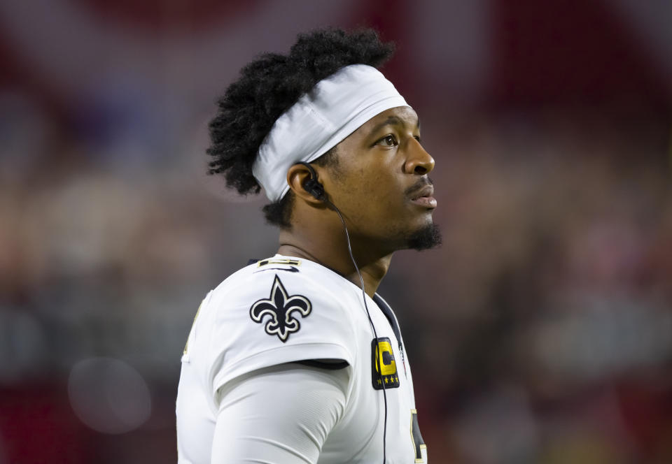 Oct 20, 2022; Glendale, Arizona, USA; New Orleans Saints quarterback Jameis Winston (2) against the Arizona Cardinals at State Farm Stadium. Mandatory Credit: Mark J. Rebilas-USA TODAY Sports