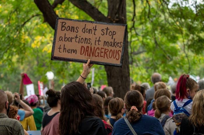 A protest sign that says "bans don't stop abortions, it makes them more dangerous"