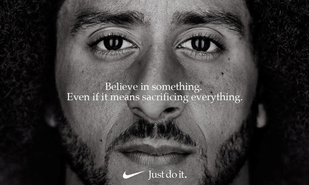 <span class="element-image__caption">Nike’s campaign featuring Colin Kaepernick ‘celebrates the 30th anniversary of arguably the most famous advertising slogan in sports – Just do it.’</span> <span class="element-image__credit">Photograph: Reuters</span>